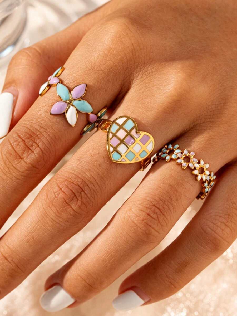 Juego de 3 anillos de acero inoxidable de color dorado con gota de aceite colorida, estilo vintage y de moda para mujer, adecuado para uso diario o como regalo - Amarillo Oro - Ver 1