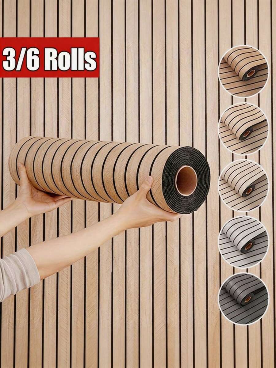 Meoky 3/6 捲 300*40cm/118*15.7in 3D 溝槽格紋牆板自黏式壁紙，視覺上提升天花板高度，自黏防水防潮，可拆卸，無縫拼接，耐污易清潔，適用於電視背景牆、沙發背景、床頭牆、走廊、玄關、店面、工作室、大廳、浴室、客廳及翻新