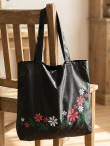 Bolsa de compras reutilizable con diseño de flor de hoja negra, bolsa plegable de gran capacidad, duradera y lavable - Negro - Ver 11