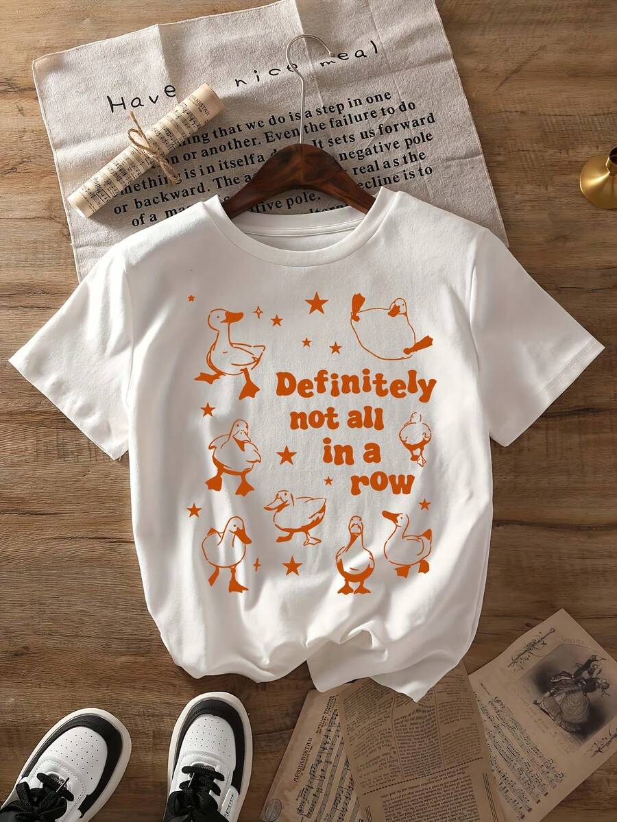 Minimalist. 100% Cotton. 1paPlus Size, Funny Duck Graphic Print T-Shirt, Plus Size, Casual Short-Sleeve Crew Neck Top For Summer And Spring, Plus Size Women's Clothing. Spring And Summer Top. - 白色 - 查看 1