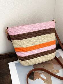 1 pezzo Borsa da spiaggia a quadri colorati, borsa a tracolla in paglia casual e pratica per donne, elegante borsa a tracolla, borsa da spiaggia per vacanze estive, può contenere portafoglio, borsetta, cosmetici, accessorio da viaggio essenziale, ottimo regalo per vacanze estive per la fidanzata o la mamma - Multicolore - Visualizzare 11