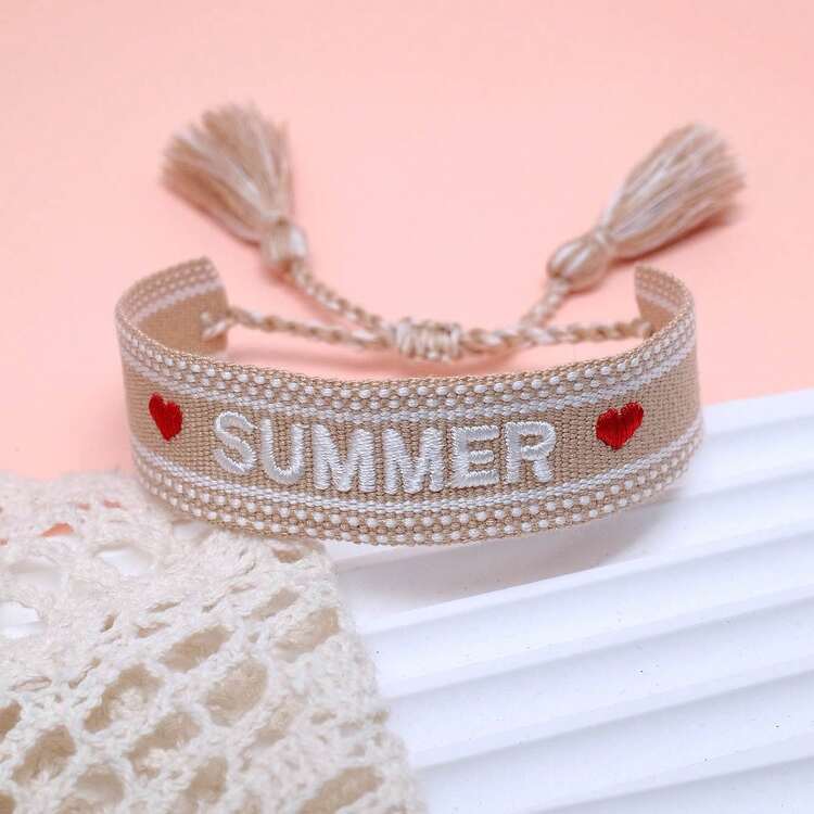 1件創意刺繡「SUMMER」手工編織波希米亞海灘旅行風手鍊，適合朋友、家人、學生、節慶、派對、旅行 - 卡其色 - 查看 5