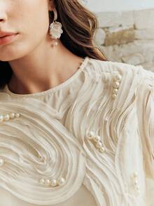 2026 Camiseta corta de cuello redondo con bordado de cuentas y textura para mujer - Albaricoque - Ver 1