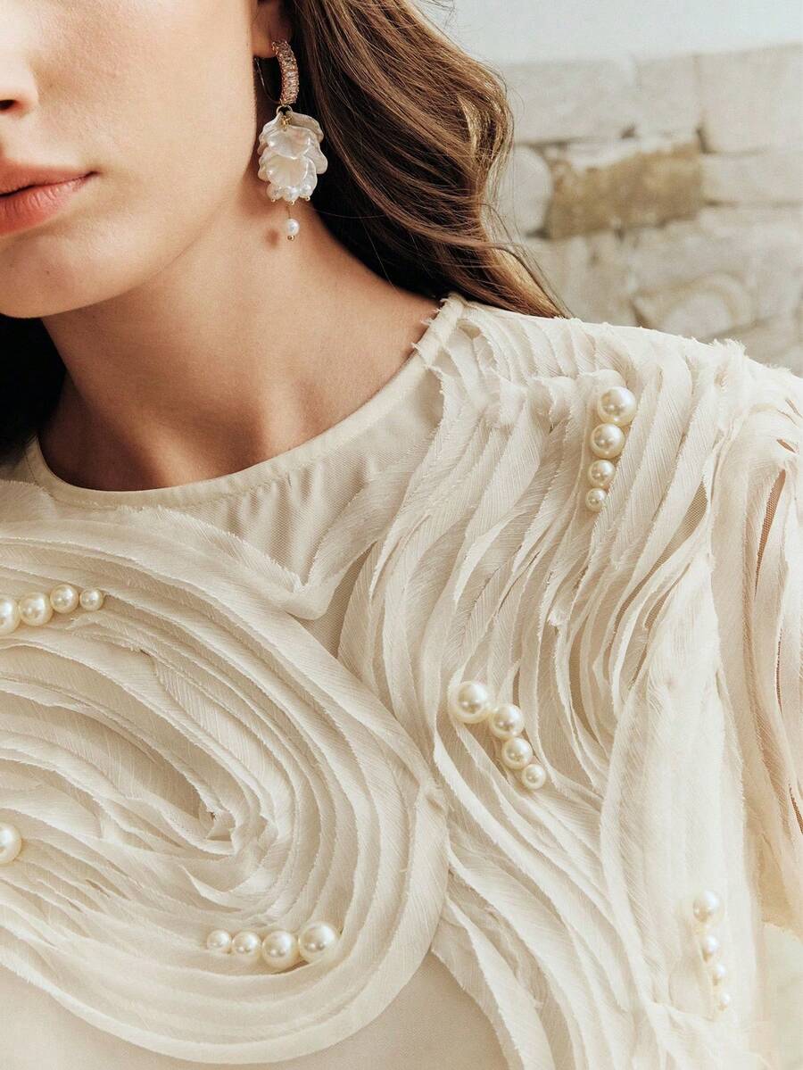 2026 Camiseta corta de cuello redondo con bordado de cuentas y textura para mujer - Albaricoque - Ver 1