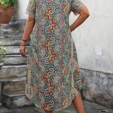 guangzhougaolangshangmao Vestido de ocio y vacaciones con dobladillo peplum estampado para mujeres en tallas grandes - Blanco y Negro - Ver 3