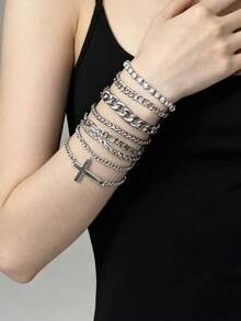 4-15pcs/Set Stainless Steel Cross Chain Bracelet Set For Men, Daily Wear Gift For Birthday, Christmas - Silver - View 3