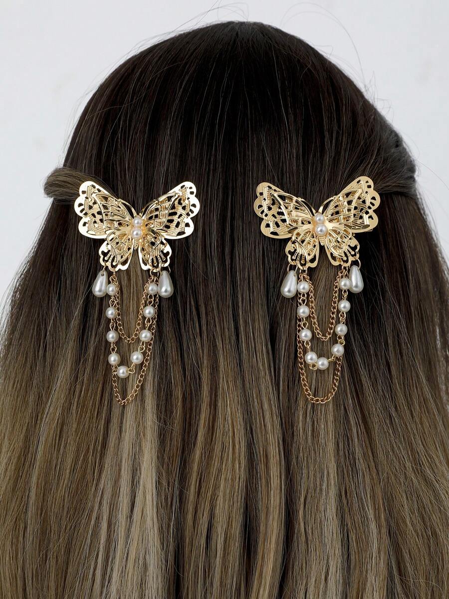 2 piezas de pinzas para el cabello con cadena de mariposa y perlas, muy decoradas - Multicolor - Ver 1