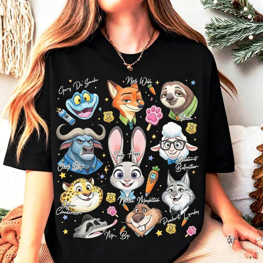 Disney 1PC Licensed "Hand-Drawn Sketch Style Zootopia Full Characters With Signatures" Cartoon Printed Oversized Disney 100% Cotton T-Shirt - 黑色 - 查看 1