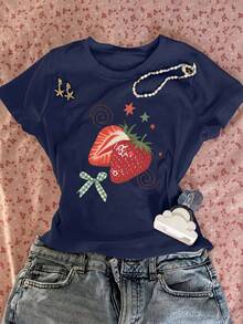 Camiseta de mujer de cuello redondo holgada de manga corta, con estampado de lazo de fresa pintado a mano en estilo retro americano dulce, adecuada para picnic de primavera, campus diario, c - Marina de - Ver 1