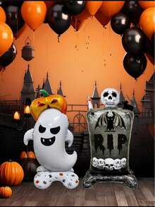 kumozawa 2pcs Halloween Giant Balloon Set Self-Standing Pumpkin Ghost And Skeleton Graveyard Foil Polyester Film Balloons Day Of The Dead Punch Wall Decor Halloween Party Birthday - Multicolor - View 5