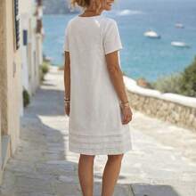 ghadjgyjad  Vestido casual  de unicolor, cuello redondo, manga corta para mujer, de verano - Blanco y Negro - Ver 3