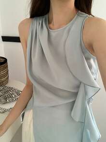 Women's Sleeveless Blouse With Draped Design, Side Slits, And Chiffon Material. Slimming Effect, Feminine, Office Casual, Spring/Summer Top. Women's Tops, Blouse, Shirt. - Light Wash - View 6
