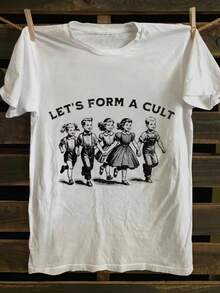 Men's Punk Rock Graphic T-Shirt - Eye-Catching Vintage 'Let's Form A Cult' Design, Made Of 100% Soft Cotton, Crew Neck, Short Sleeves, Plus Size, Retro Casual Style Ideal For Music Festivals And Everyday Use - White - View 1