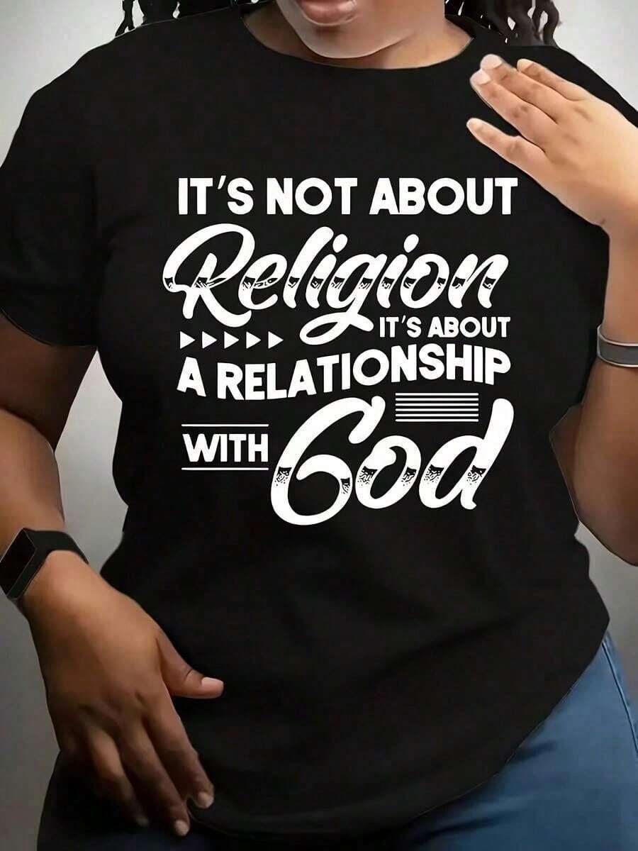 Women's Casual Clothing On July 4th2026 Women's Black It's Not About Religion It's About A Relationship With God T-Shirt – Casual Crew Neck, Alphabet Pattern, Medium Stretch, Spring/Summer Comfort Fit Butterfly And Prayer Hand Design, Christian Faith Clothing For Church And Everyday We Are Basic And Versatile. - 黑色 - 查看 1
