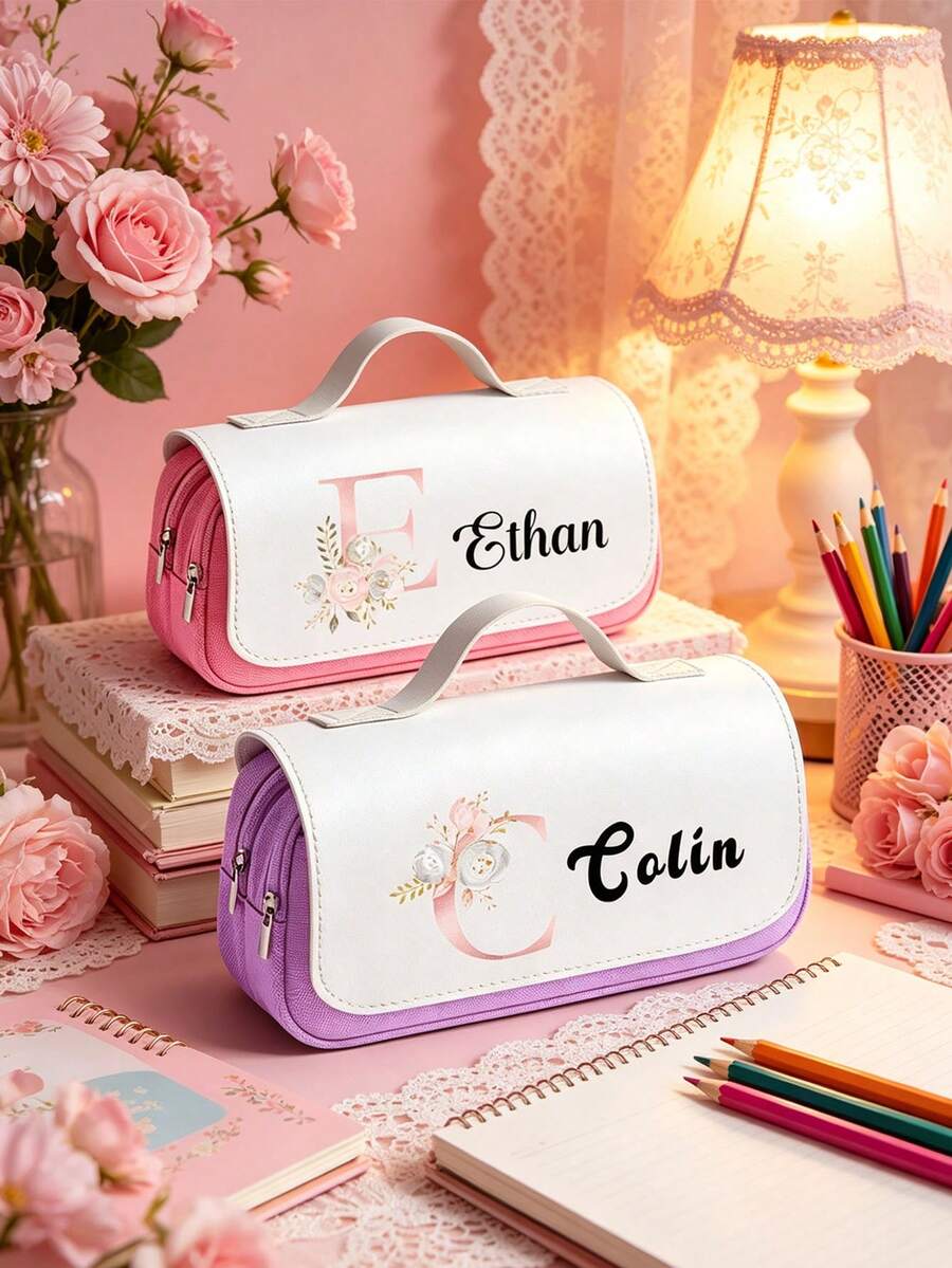 Personalized Name 3-Compartment Large Capacity Pencil Case, Personalized Display, School Supplies And Holiday Gifts, Personalized Multi-Compartment Storage Box Suitable For School Office, Unique Customized Birthday Gift