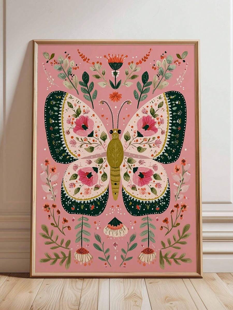 1pc Framed Canvas Wall Art, Bohemian Folk Style Butterfly Wall Decor, Vintage Floral Moth Design, Pink & Green Nordic Style Nursery Decoration, Fantasy Plant Butterfly Poster, Country Nordic Folk Art Painting, Soft Tone Floral Butterfly Wall Art, Cozy Children's Room Artwork, Country Pastoral Style Art - A - View 1