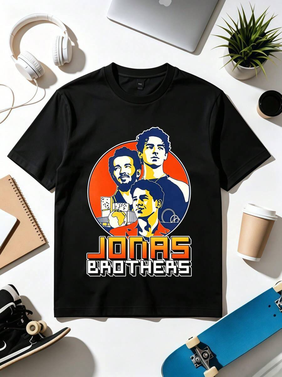 Jonas Brothers retro popbandskonst-stil musiktröja. Mjuk, lös och avslappnad t-shirt för vardagsbruk. - Svart - Visa 1