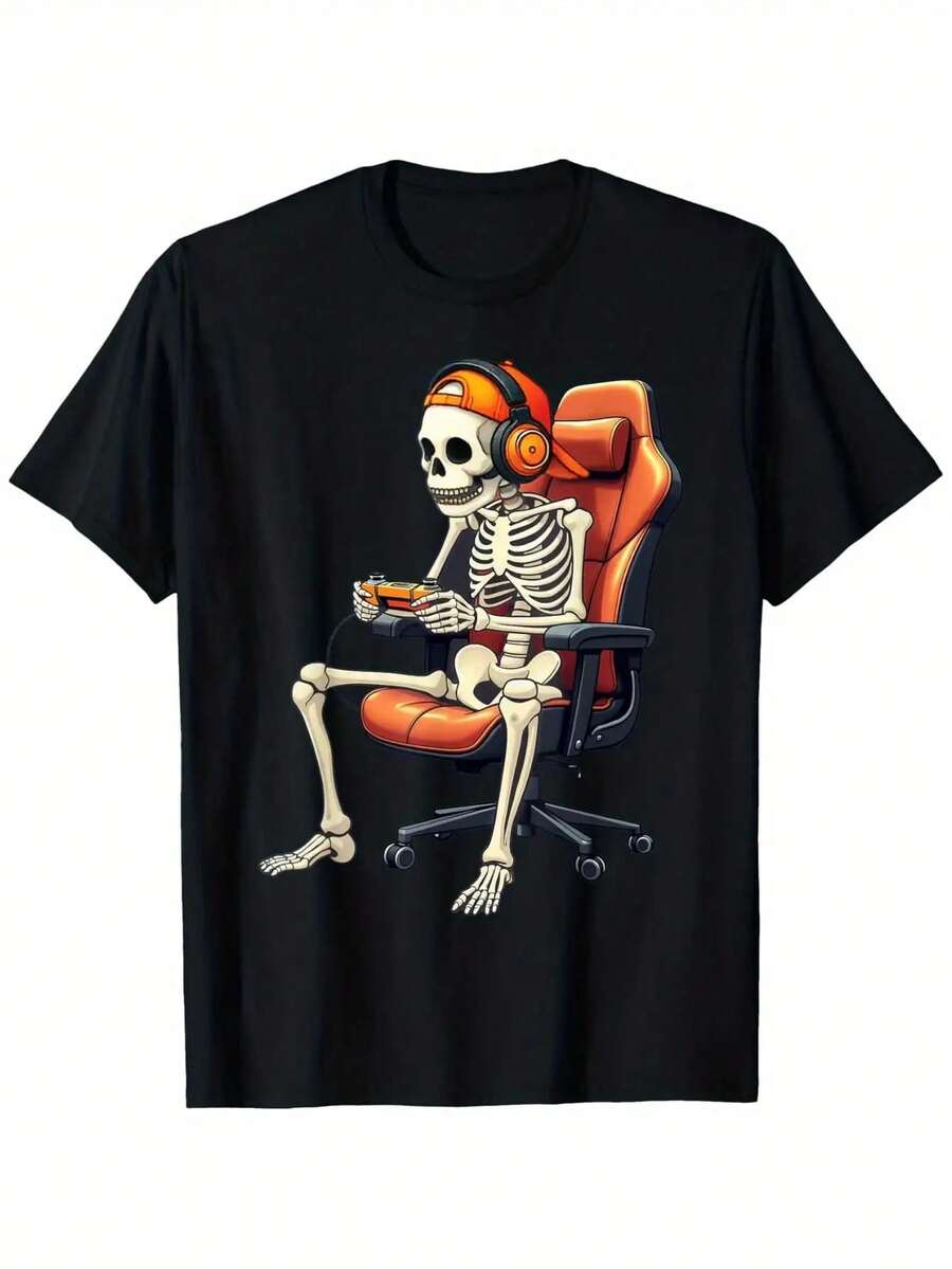 Vintage Gaming T-Shirt für Damen & Herren - Grafik mit Videospiel-Controllern & Kopfhörern, Schwarz-Orangefarbener Druck, Oversized Komfort-Passform, Strapazierfähiges Casual-T-Shirt mit Rundhalsausschnitt, geeignet für Gamer, Halloween, Outdoor- & Freizeitkleidung - Maschinenwaschbar - Schwarz - Übersicht 1
