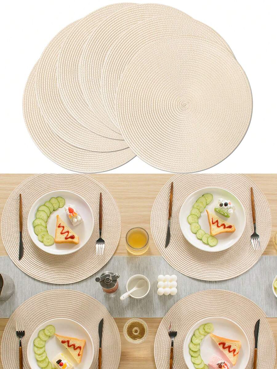 4/6/8pcs 15 Inch Round Woven PP Placemats, Washable Non-Slip Heat-Resistant Table Mats, Suitable For Home Dining Table Decor, Holiday Party, Wedding, Outdoor - Beige - View 1