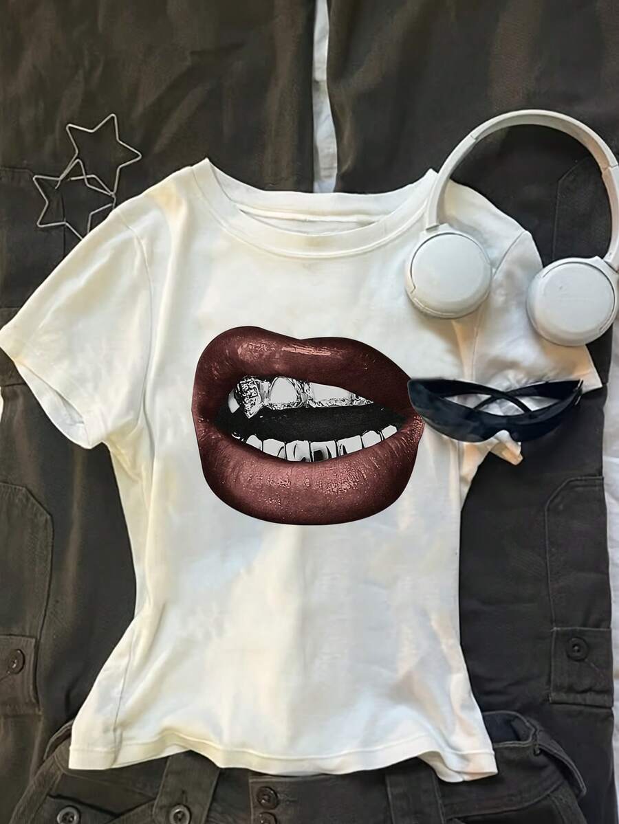 1 Piece Of Women's Summer Top, Body-Hugging, American Style, Versatile, Simple, Elegant And Sweet But With A Daring Touch. Short-Sleeved T-Shirt With An Oversized Vintage-Inspired Graphic Print, Perfect For A Bold And Spicy Style. - 白色 - 查看 1