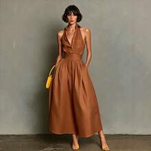 2026 Summer Solid Color Casual  Sexy Sleeveless Shirt Collar Dress For Women Loose Fit Mini Length Elegant Office Party Streetwear - 焦糖色 - 查看 2