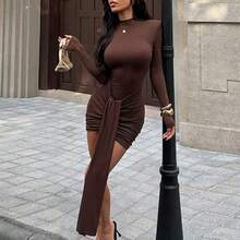 dahkjdgajy 1 pieza Vestido midi de cuello alto con volantes de tela de punto de unicolor elegante, para fiesta, cumpleaños, cena formal, cita nocturna, graduación, boda - Burdeos - Ver 5