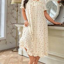 guangzhougaolangshangmao CottageSlumber Camisón holgado de mujer talla grande con estampado floral de rosa, cuello cuadrado de crepé pomposo, vestido de dormir Moo Moo cómodo y elegante - Albaricoque - Ver 7