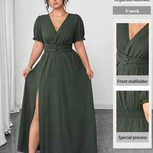guangzhougaolangshangmao  Vestido largo con abertura lateral, cintura ceñida, manga abullonada y cuello en V para mujer talla grande, elegante y digno, para primavera/verano - Verde - Ver 2