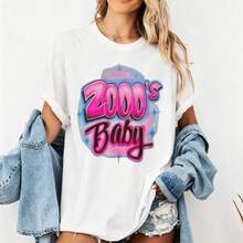 "2000's Baby" Y2K Airbrush Style Printed Cotton Short Sleeve Casual Tee Female Model Graphic T-Shirt - 白色 - 查看 4