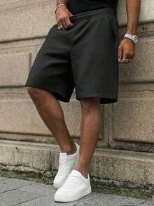 2pcs/Set Teen Boys Knit Straight LegBermuda Shorts, Summer Sports Casual Preppy Style Versatile Shorts - Black - View 2