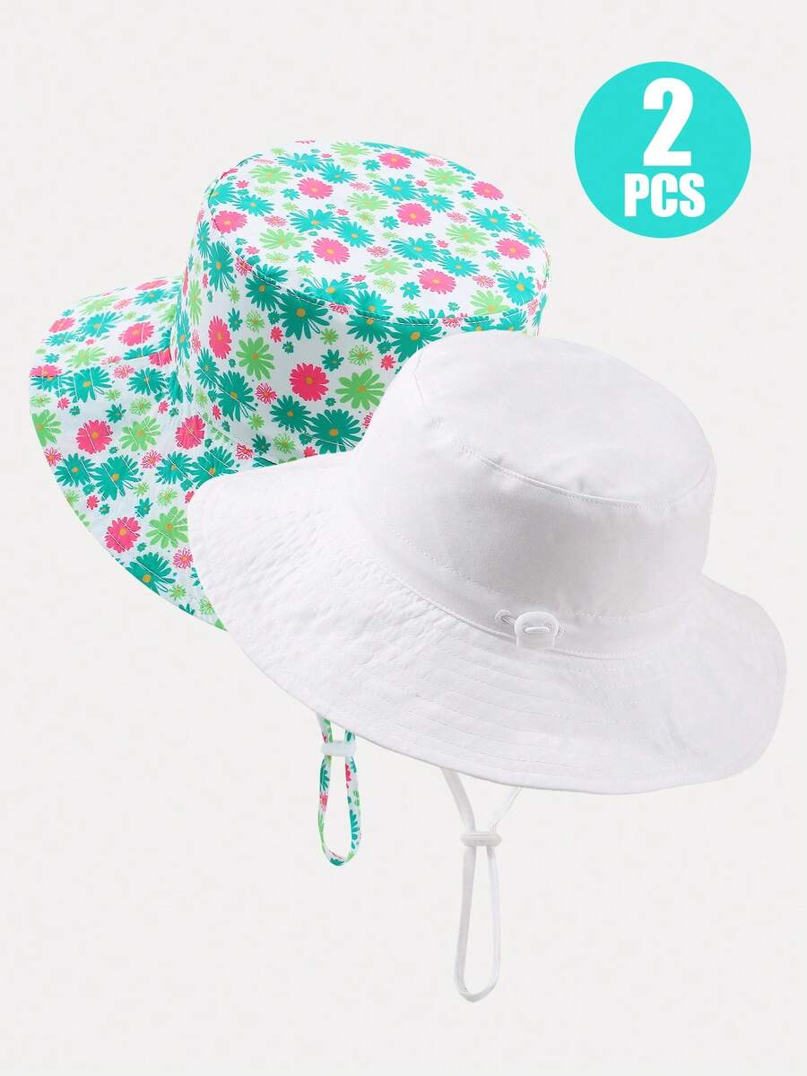2pcs Kids' Solid Color & Printed Adjustable Sun Protection Breathable Casual Bucket Hat, Suitable For Outdoor Activities & Daily Wear - White and Blue Pattern - View 1