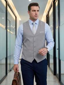 Men's Plus Size Versatile Formal Vest, Single Piece Classic Suit Vest, Multiple Wearing Styles, Suitable For Office, Business, Wedding Guest, Daily Wear, All Season - Light Grey - View 4