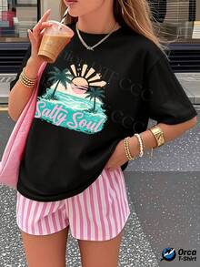 Camiseta casual de verano para mujer, camiseta de algodón puro personalizada y a la moda estilo y2k, top holgado de manga corta, elegancia urbana, transpirable para uso diario, ropa de verano con estampado creativo, regalo para deportes al aire libre, diseño con estampado de cocotero rosa, texto impreso "Salty Soul", estilo de vacaciones de verano. - Verde - Ver 11