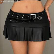 Fengyu Women's Clothing Store  Falda arrugada de PU con hebilla de cinturón de cintura baja y decoración de metal - Negro - Ver 1