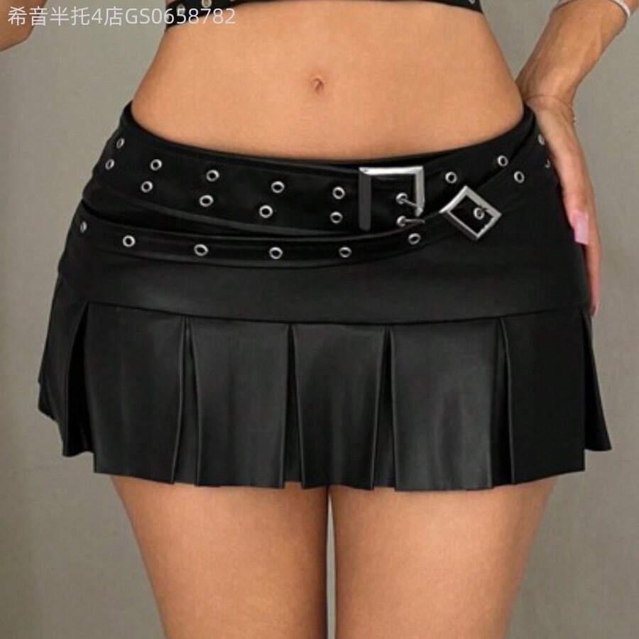 Fengyu Women's Clothing Store Falda arrugada de PU con hebilla de cinturón de cintura baja y decoración de metal - Negro - Ver 1