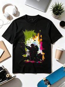 Neon Graffiti-Style Soldier Action Gaming Art T-Shirt. Soft Fabric, Loose Fit, Casual Everyday T-Shirt. - Black - View 1