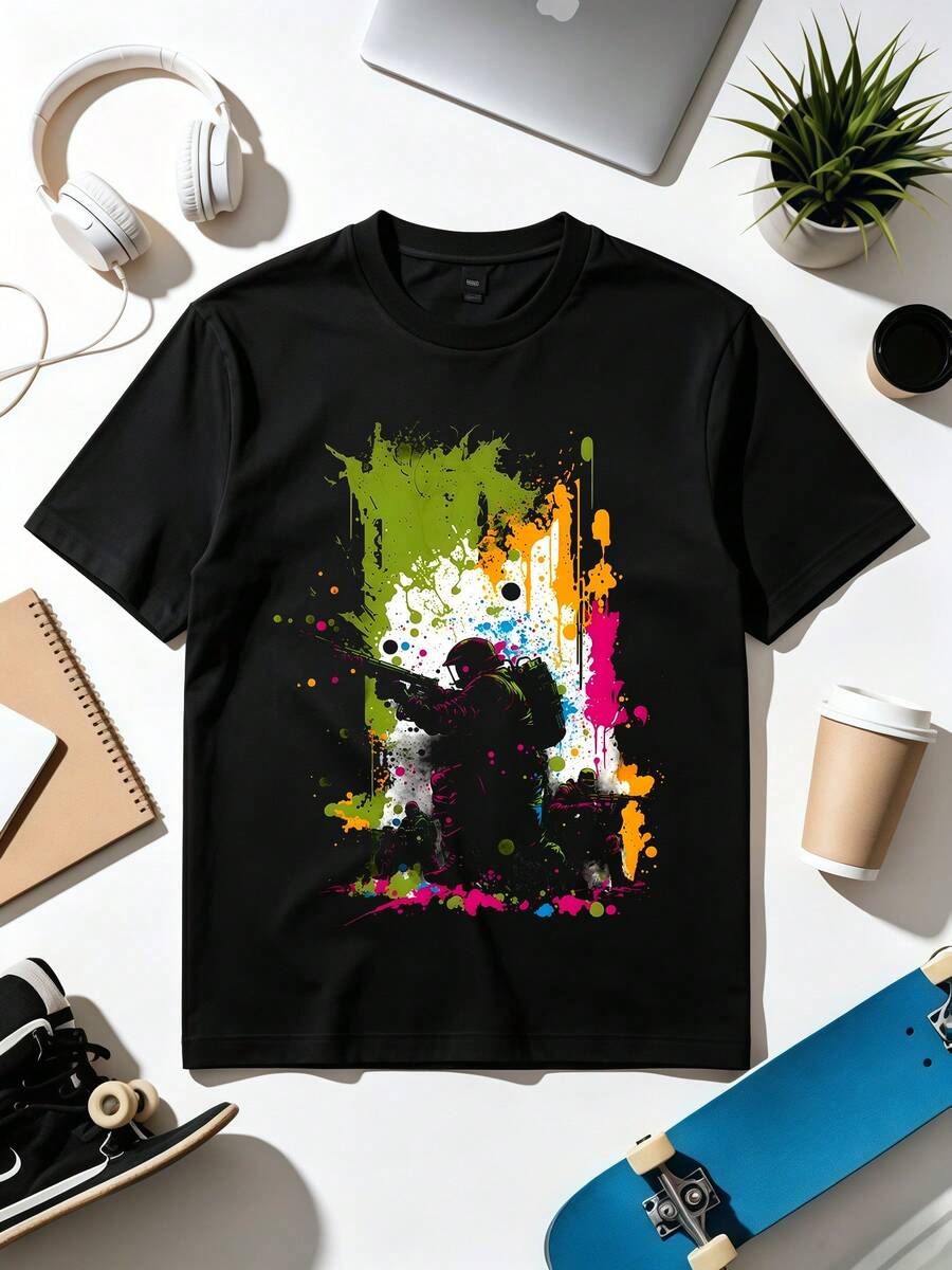 Neon Graffiti-Style Soldier Action Gaming Art T-Shirt. Soft Fabric, Loose Fit, Casual Everyday T-Shirt. - Black - View 1