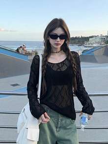 Summer Bohemian American Hot Girl Style One-Shoulder Deep V-Neck Mesh Knit Top - Women's Cropped Hollow Ribbed Sweater Black - Black - View 2