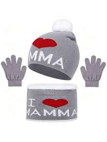 4pcs Children's Autumn/Winter Warm Set, Thermal Lined Thickened 4-Piece Set, Heart Letter Knit Hat, Scarf, Gloves Winter Set, I LOVE MAMMA PAPA Heart - 4PCS - View 8
