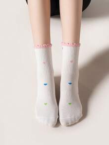 1/3 Pairs Women's 100% Cotton Yoga Socks, Non-Slip Heart Silicone Grips Pilates Socks, Ruffle Trim Breathable Socks For Barre, Dance & Home Workout - Multicolor - View 2
