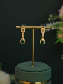 5pcs 18K Gold Plated Elegant Bridal Jewelry Set, Handcrafted With Green Cubic Zirconia, Including Necklace, Bracelet, Earrings, Ring, Suitable For Daily Wear And Wedding Ceremony, Wedding Anniversary Gift - Water Droplet Design Set - View 7