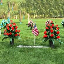 24-Pack Memorial Rose Bouquet, Artificial Rose Memorial Flowers, Red Plastic Flowers With Green Leaves, Weather-Resistant, Suitable For Outdoor Cemetery Decoration, Durable Plastic Artificial Flower Combination, Suitable For All Seasons And Festivals, Ideal For Funerals, Cemetery Decorations, And Memorial Day Decorations. - Red - View 8