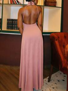 1pc Solid Color Sexy Casual Knit Backless Dress, Suitable For Office And Street Wear - Pink - View 6