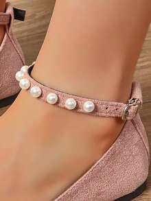 2026 Fashion Wedding Party Shoes, Decorated With Faux Pearl Chains, Radiating Elegant Elegant. Low Heel, Spring/Summer New Style, Soft Wind Pearl Single Buckle Mary Jane Shoes, Flat Suede Pointed Toe Shoes, Suitable For Plus Size, Work Or Casual Wear, Suitable For Students, Non-Irritating Flat Shoes, Soft Sole Comfortable, Suitable For Dates, Vacations And Daily Wear - Pink - View 7