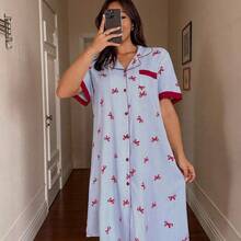 guang zhou mi qian shang mao Napfluff CURVE Napfluff CURVE Camisón de mujer talla grande con botones delanteros y cuello, estampado de mariposas y rayas de manga corta, adecuado para el verano - Negro01 - Ver 4