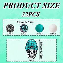32/44 pièces Ensemble de perles en silicone en forme de crâne, perles roses et turquoises en forme de crâne, décoration de collier, bracelet, bijoux et pendentif DIY, cadeau pour les fêtes et anniversaires - Chapeau à tête de mort - Voir 14