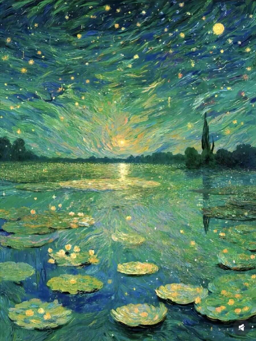 1套手工DIY 5D無框鑽石畫，描繪星空下的蓮花池，緩解疲勞，帶來幸福與放鬆 - 查看 1