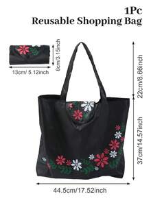 Bolsa de compras reutilizable con diseño de flor de hoja negra, bolsa plegable de gran capacidad, duradera y lavable - Negro - Ver 8
