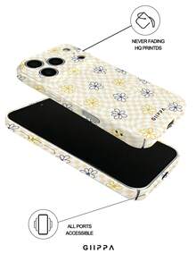GIIPPA 1pc Yellow & White Asymmetric Grid Base With Floral Pattern Design, Phone 17 Pro Max Phone Case, Compatible With Phone 16 Pro Max, 15 Pro Max, 14 Pro Max, Korean Style High-End Fashion Fun Phone Case, Compatible With 11/12/13/14/15/16 Pro Max Plus, Elegant Design Suitable For Men And Women, Perfect Gift For Girlfriend On Christmas, Valentine's Day, Easter, Wedding Season And Birthday! - Yellow - View 3