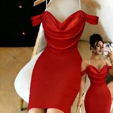 dahkjdgajy  Vestido midi ajustado y sexy con hombros descubiertos, fruncido y con cuentas para mujeres - Rojo - Ver 5